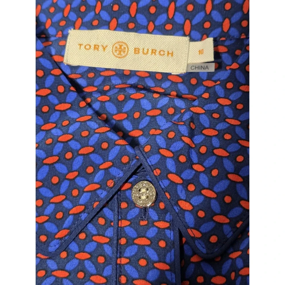 Tory Burch Silk Rylie Ocho Rios Elegant Belted Shirt Navy Patterned Dress Sz 10